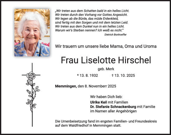 Traueranzeige von Liselotte Hirschel von Memminger Zeitung