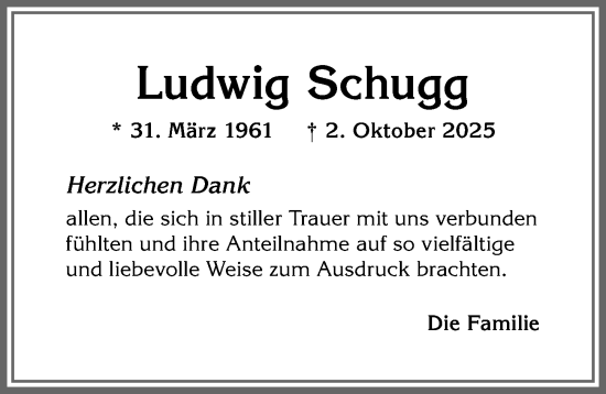 Traueranzeige von Ludwig Schugg von Allgäuer Zeitung, Kaufbeuren/Buchloe