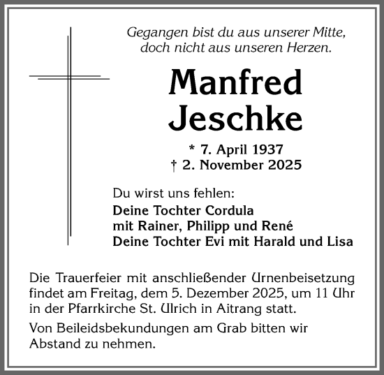 Traueranzeige von Manfred Jeschke von Allgäuer Zeitung, Marktoberdorf