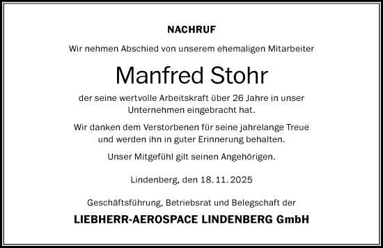 Traueranzeige von Manfred Stohr von Der Westallgäuer