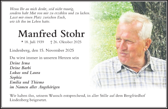 Traueranzeige von Manfred Stohr von Der Westallgäuer
