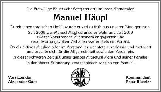 Traueranzeige von Manuel Häupl von Allgäuer Zeitung, Füssen