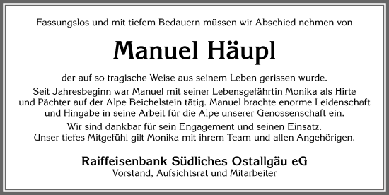 Traueranzeige von Manuel Häupl von Allgäuer Zeitung, Füssen