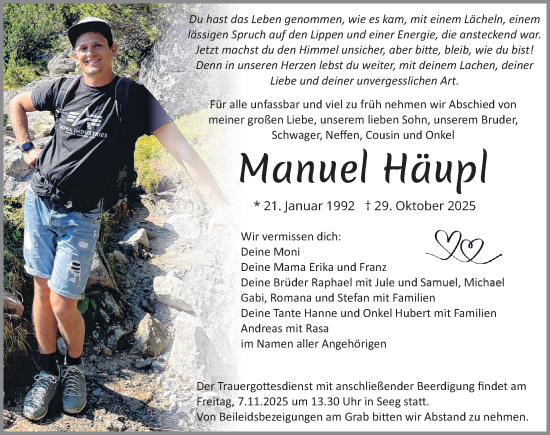 Traueranzeige von Manuel Häupl von Allgäuer Zeitung, Füssen