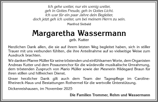 Traueranzeige von Margaretha Wassermann von Memminger Zeitung