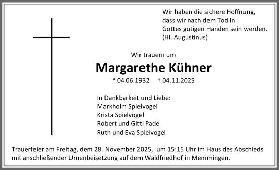 Traueranzeige von Margarethe Kühner von Memminger Zeitung