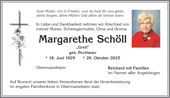 Traueranzeige von Margarethe Schöll von Allgäuer Anzeigeblatt