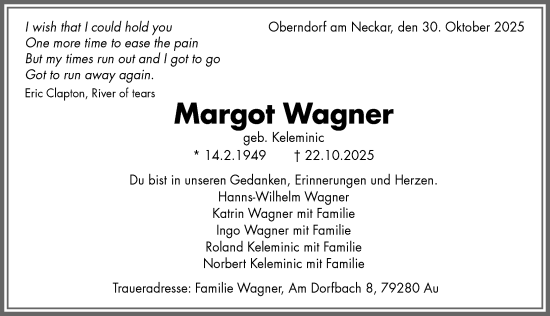 Traueranzeige von Margot Wagner von Allgäuer Anzeigeblatt