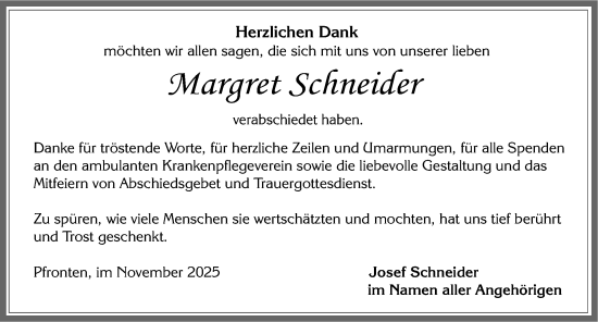 Traueranzeige von Margret Schneider von Allgäuer Zeitung, Füssen