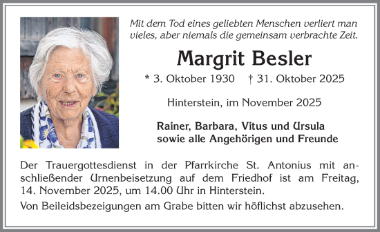 Traueranzeige von Margrit Besler von Allgäuer Anzeigeblatt