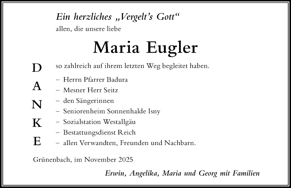 Traueranzeige für Maria Eugler vom 08.11.2025 aus Der Westallgäuer