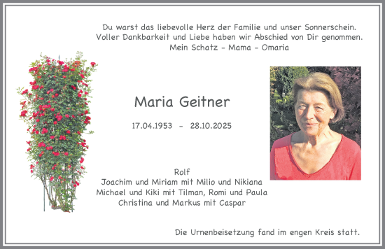 Traueranzeige von Maria Geitner von Memminger Zeitung