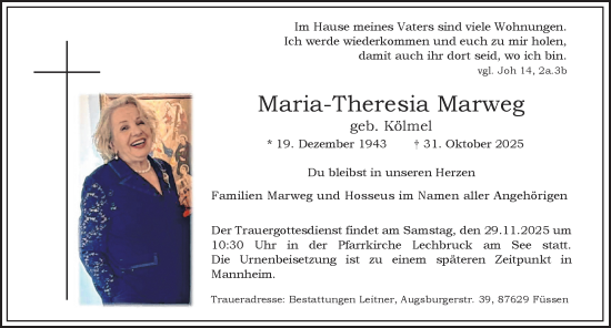 Traueranzeige von Maria-Theresia Marweg von Allgäuer Zeitung, Füssen