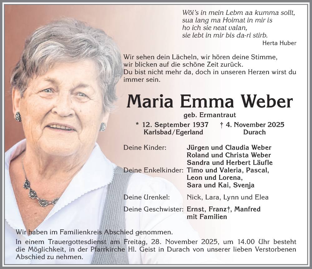  Traueranzeige für Maria Emma Weber vom 22.11.2025 aus Allgäuer Zeitung,Kempten