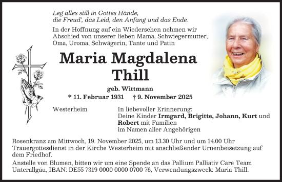 Traueranzeige von Maria Magdalena Thill von Memminger Zeitung