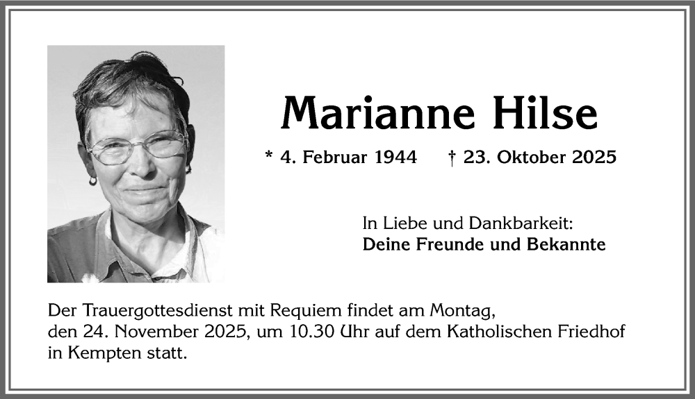  Traueranzeige für Marianne Hilse vom 15.11.2025 aus Allgäuer Zeitung,Kempten