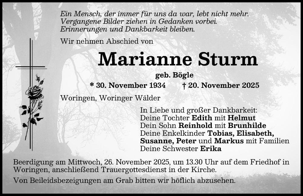  Traueranzeige für Marianne Sturm vom 25.11.2025 aus Memminger Zeitung