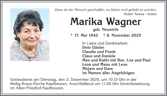 Traueranzeige von Marika Wagner von Allgäuer Zeitung, Kaufbeuren/Buchloe