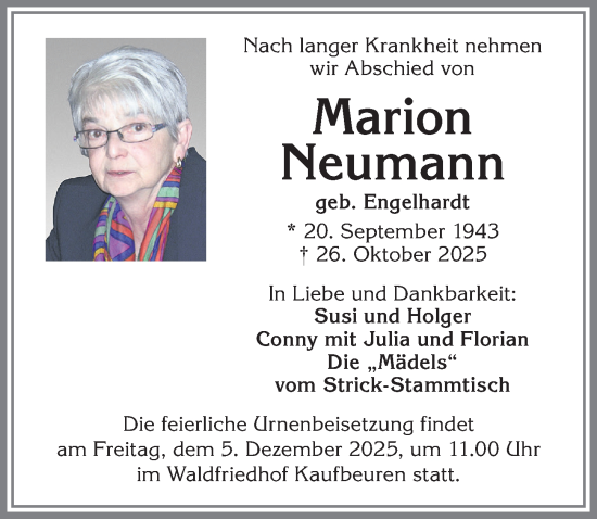 Traueranzeige von Marion Neumann von Allgäuer Zeitung, Kaufbeuren/Buchloe