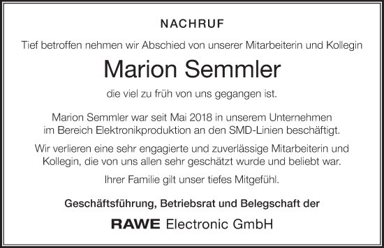 Traueranzeige von Marion Semmler von Der Westallgäuer