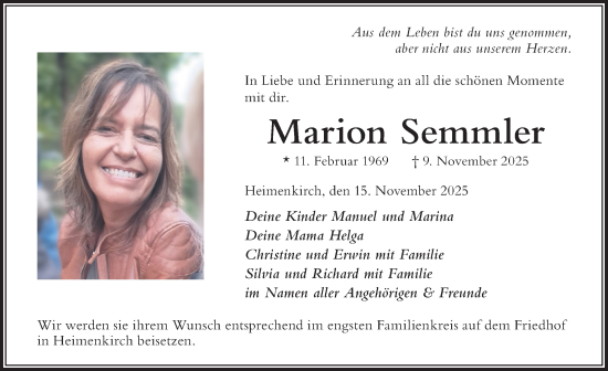 Traueranzeige von Marion Semmler von Der Westallgäuer