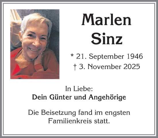 Traueranzeige von Marlen Sinz von Allgäuer Zeitung,Kempten
