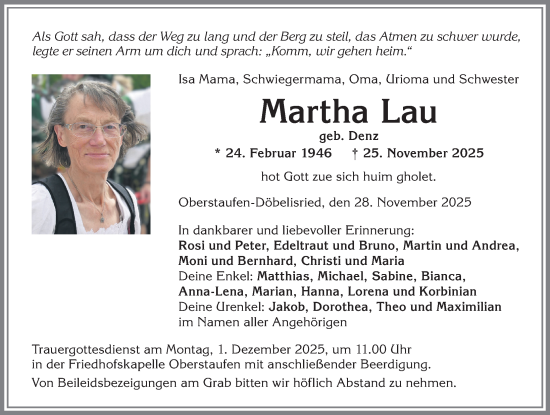 Traueranzeige von Martha Lau von Allgäuer Anzeigeblatt