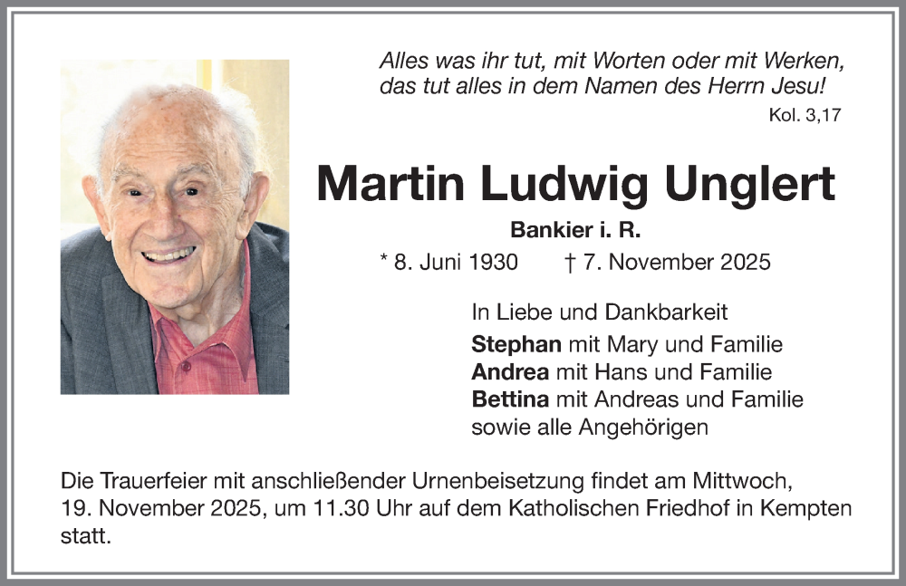  Traueranzeige für Martin Ludwig Unglert vom 15.11.2025 aus Allgäuer Zeitung,Kempten