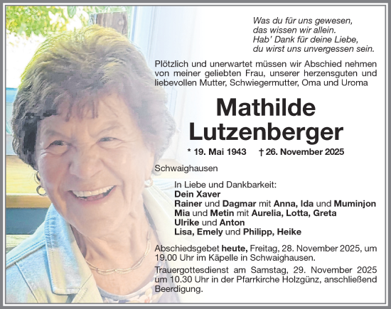 Traueranzeige von Mathilde Lutzenberger von Memminger Zeitung