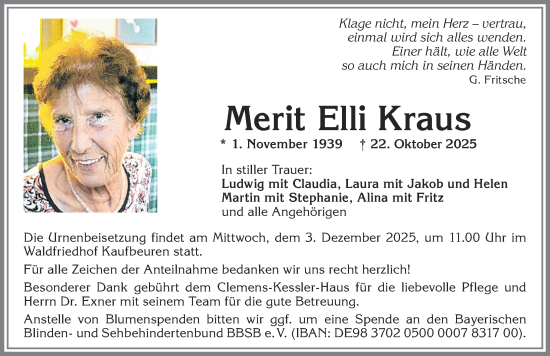 Traueranzeige von Merit Elli Kraus von Allgäuer Zeitung, Kaufbeuren/Buchloe