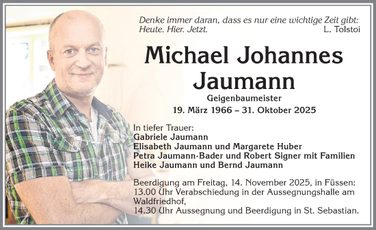 Traueranzeige von Michael Johannes Jaumann von Allgäuer Zeitung, Füssen