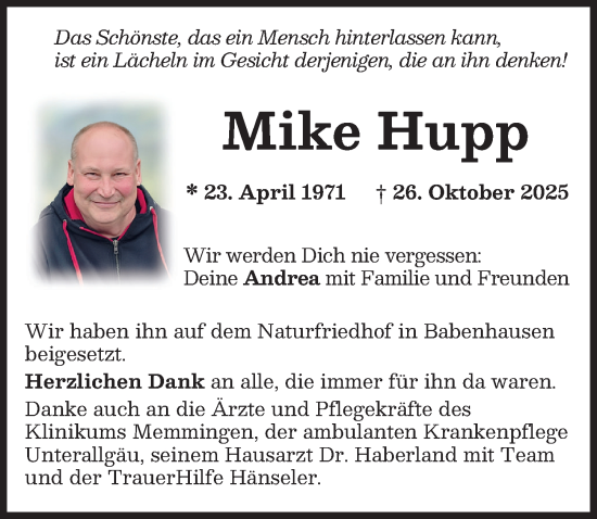 Traueranzeige von Mike Hupp von Memminger Zeitung