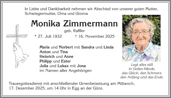 Traueranzeige von Monika Zimmermann von Memminger Zeitung