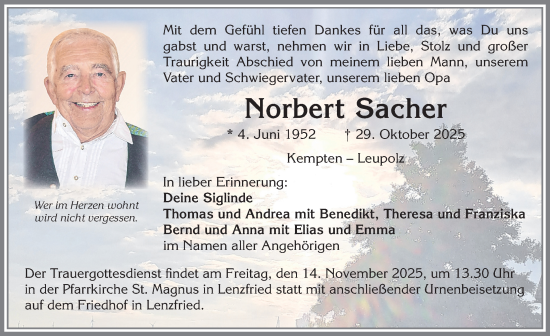 Traueranzeige von Norbert Sacher von Allgäuer Zeitung,Kempten