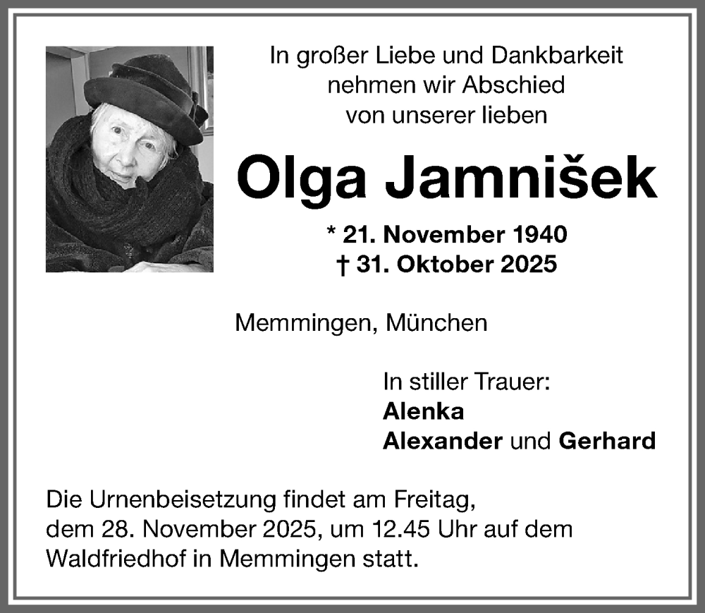  Traueranzeige für Olga Jamnisek vom 22.11.2025 aus Memminger Zeitung