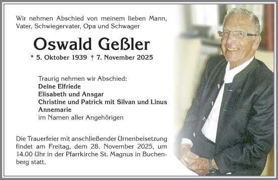 Traueranzeige von Oswald Geßler von Augsburger Allgemeine, Mindelheimer Zeitung