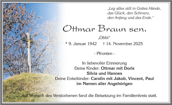 Traueranzeige von Ottmar Braun von Allgäuer Zeitung, Füssen
