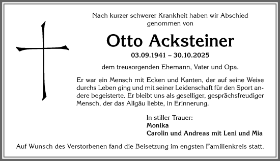 Traueranzeige von Otto Acksteiner von Allgäuer Anzeigeblatt