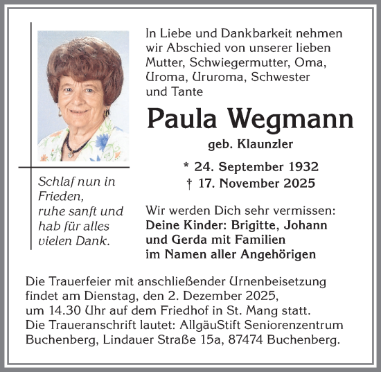 Traueranzeige von Paula Wegmann von Allgäuer Zeitung,Kempten
