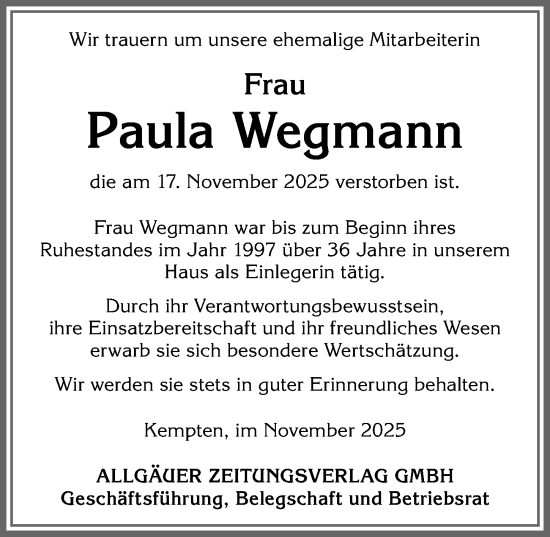 Traueranzeige von Paula Wegmann von Allgäuer Zeitung,Kempten