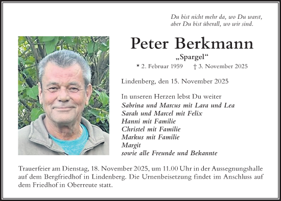 Traueranzeige von Peter Berkmann von Der Westallgäuer