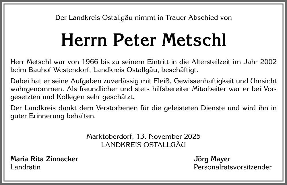 Traueranzeige für Peter Metschl vom 13.11.2025 aus Allgäuer Zeitung, Kaufbeuren/Buchloe