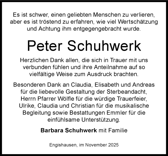 Traueranzeige von Peter Schuhwerk von Memminger Zeitung