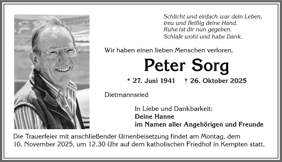 Traueranzeige von Peter Sorg von Allgäuer Zeitung,Kempten