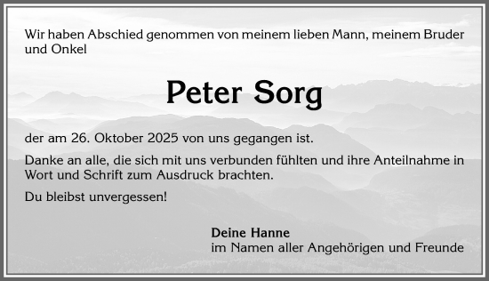 Traueranzeige von Peter Sorg von Allgäuer Zeitung,Kempten