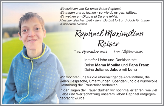 Traueranzeige von Raphael Maximilian Reiser von Allgäuer Zeitung,Kempten