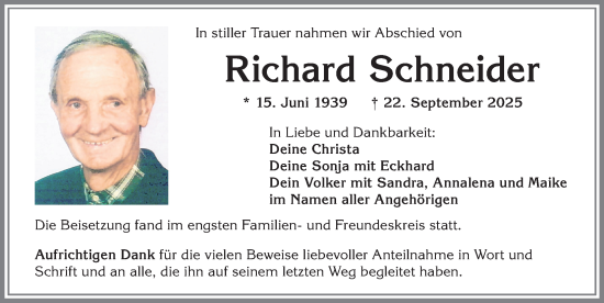 Traueranzeige von Richard Schneider von Allgäuer Zeitung, Kaufbeuren/Buchloe