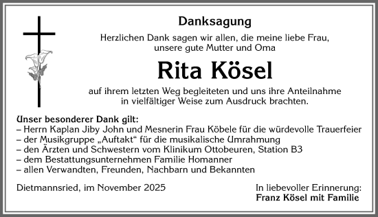 Traueranzeige von Rita Kösel von Allgäuer Zeitung,Kempten