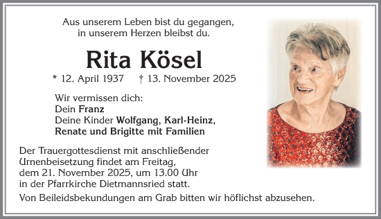 Traueranzeige von Rita Kösel von Allgäuer Zeitung,Kempten
