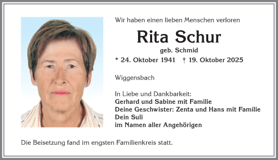 Traueranzeige von Rita Schur von Allgäuer Zeitung,Kempten